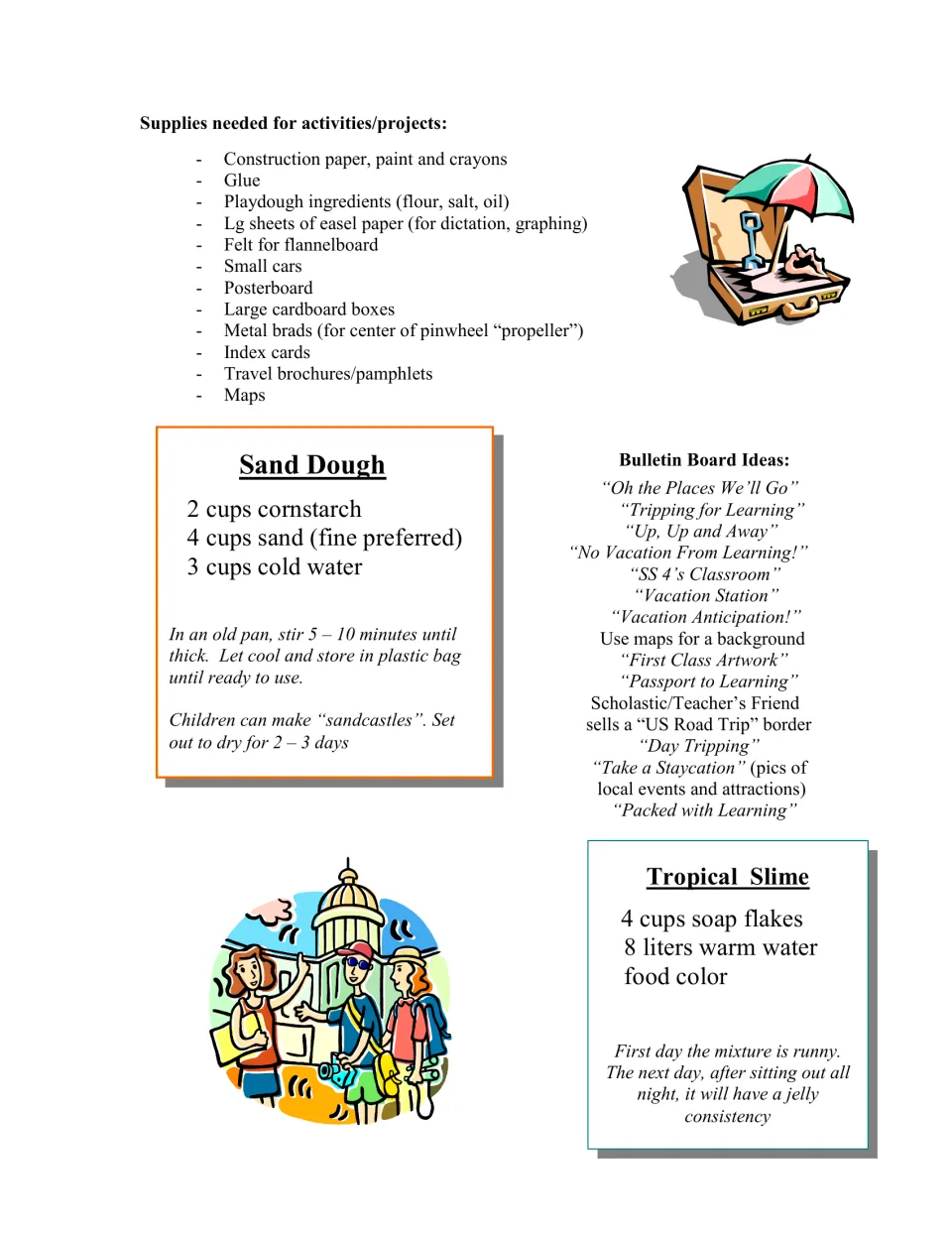Planning page lists project supplies, vacation bulletin board ideas, and Sand Dough and Tropical Slime recipes