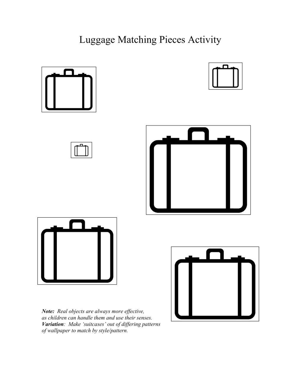 Luggage matching activity provides six suitcase pieces in different sizes and suggests matching patterns