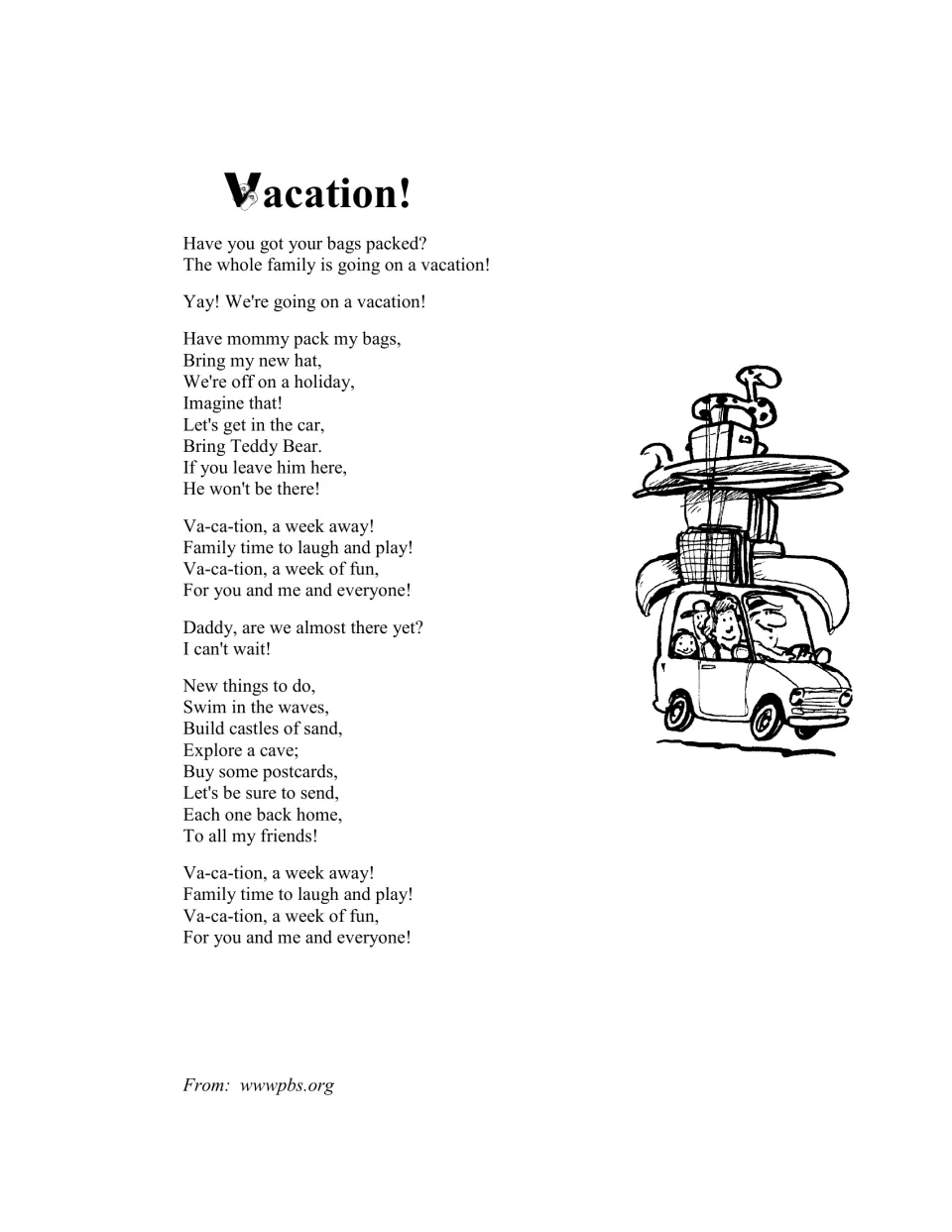 Vacation verse describes packing bags, a family car trip, swimming, sandcastles and sending postcards home