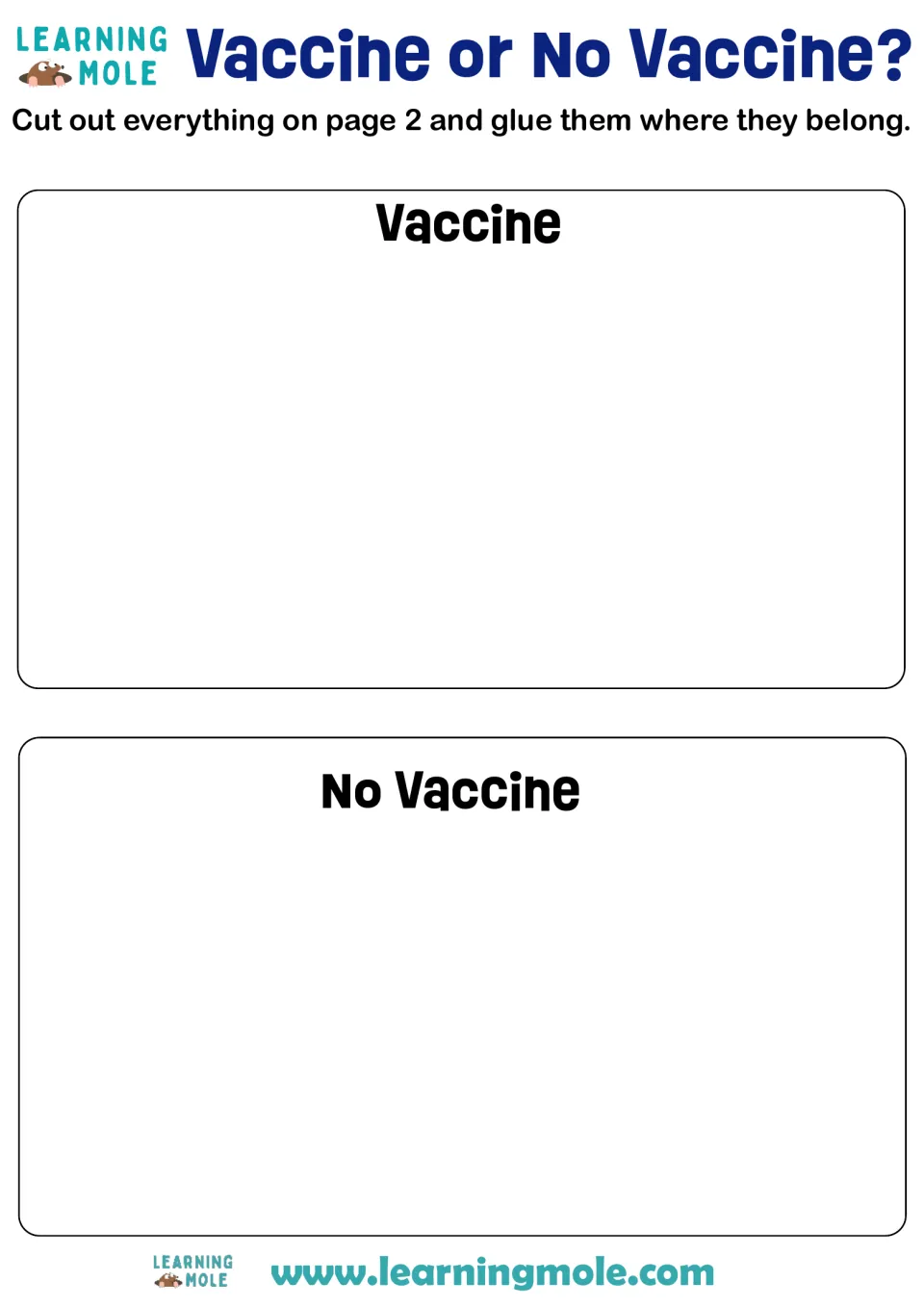 Vaccine sorting mat: students glue cut-out illness cards under the Vaccine or No Vaccine headings to classify conditions