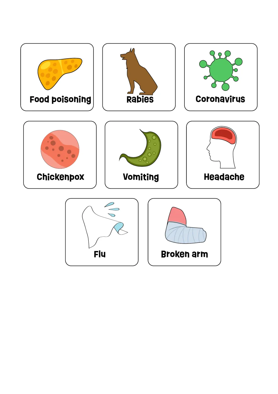 Picture cards to cut out and sort: food poisoning, rabies, coronavirus, chickenpox, vomiting, headache, flu and broken arm