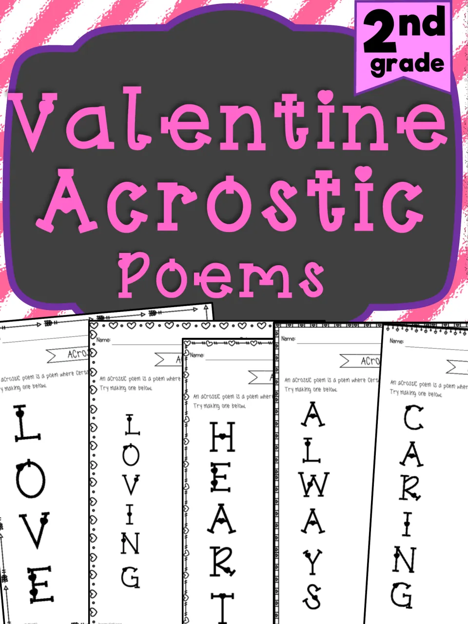 Valentine Acrostic Poems cover with a fanned set of sample pages spelling LOVE, LOVING, HEART, ALWAYS and CARING