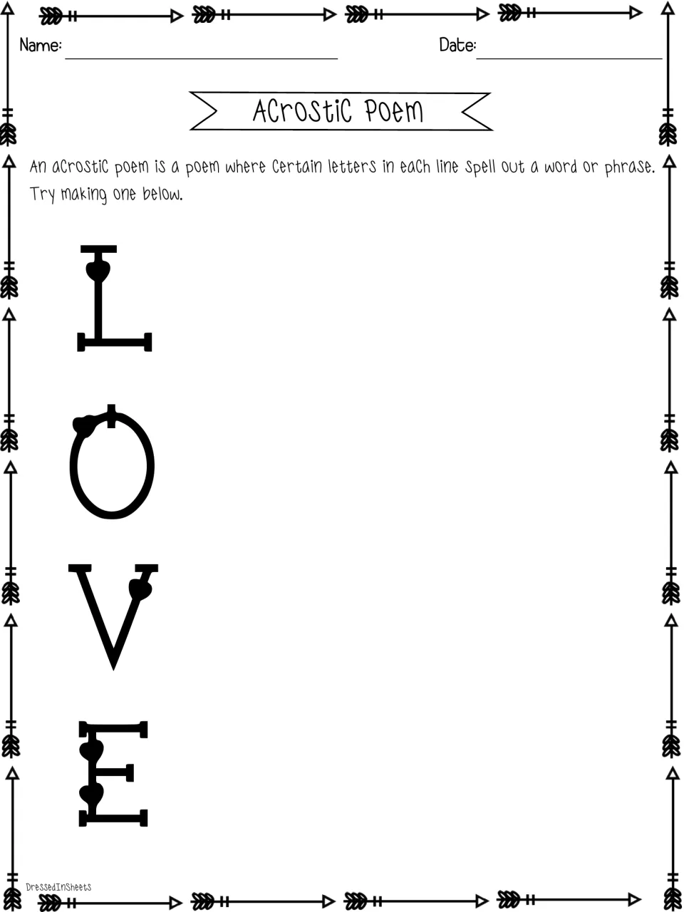 Acrostic poem on LOVE: students read the definition, then write a line of poetry beginning with each letter L-O-V-E