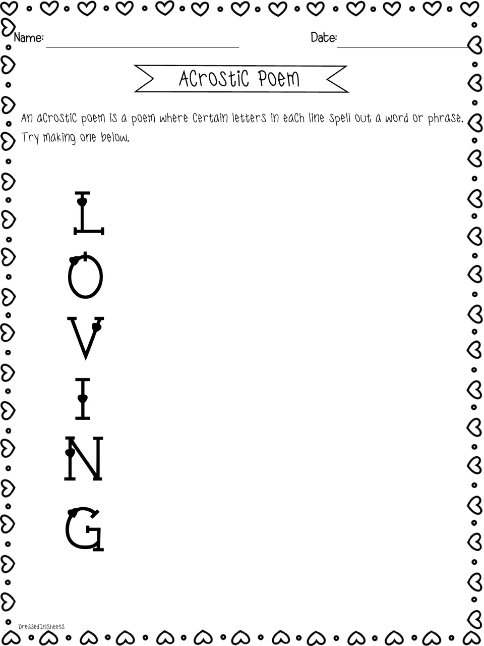 Acrostic poem using LOVING: after the definition, students begin a line of their own poem with each of its six letters