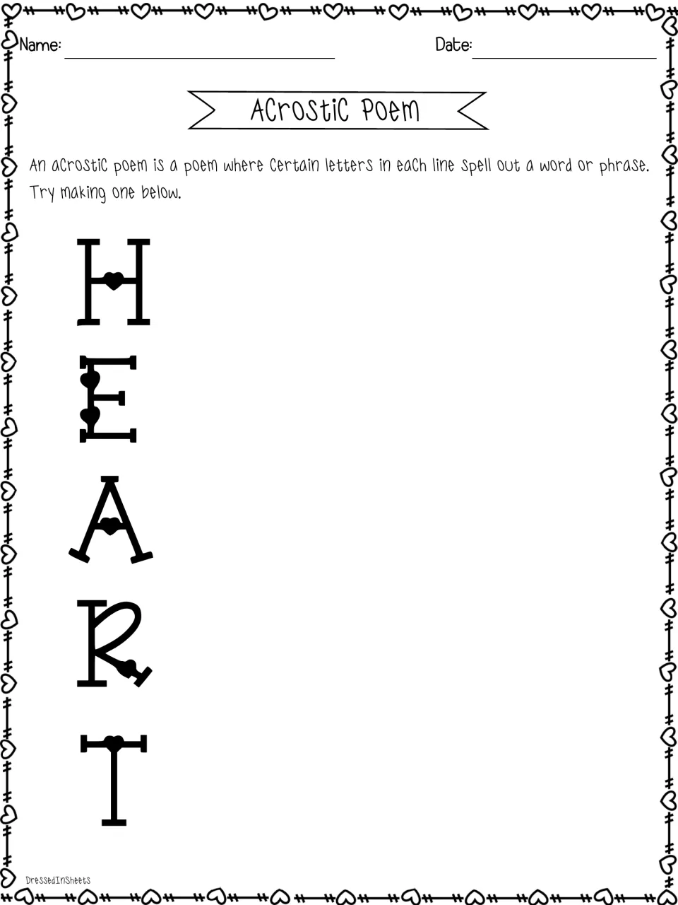 Acrostic poem for HEART: students write a line starting with H, E, A, R and T to build a Valentine's poem of their own