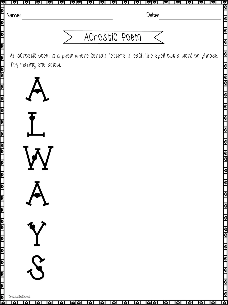 ALWAYS acrostic poem: students compose six lines, each opening with a letter of the word, below the acrostic definition