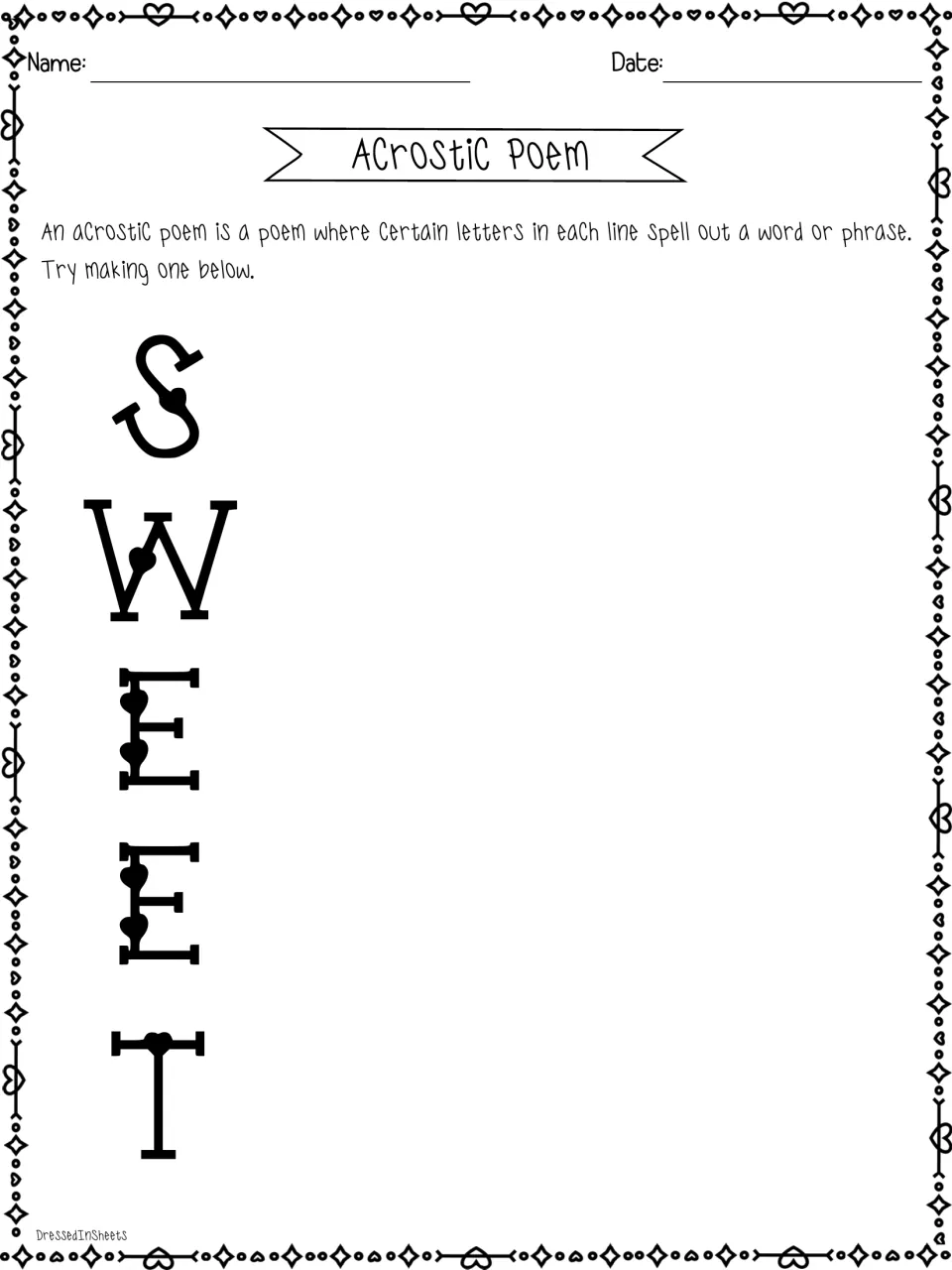 SWEET acrostic: students write a five-line poem, beginning each line with S, W, E, E or T, after reading the definition