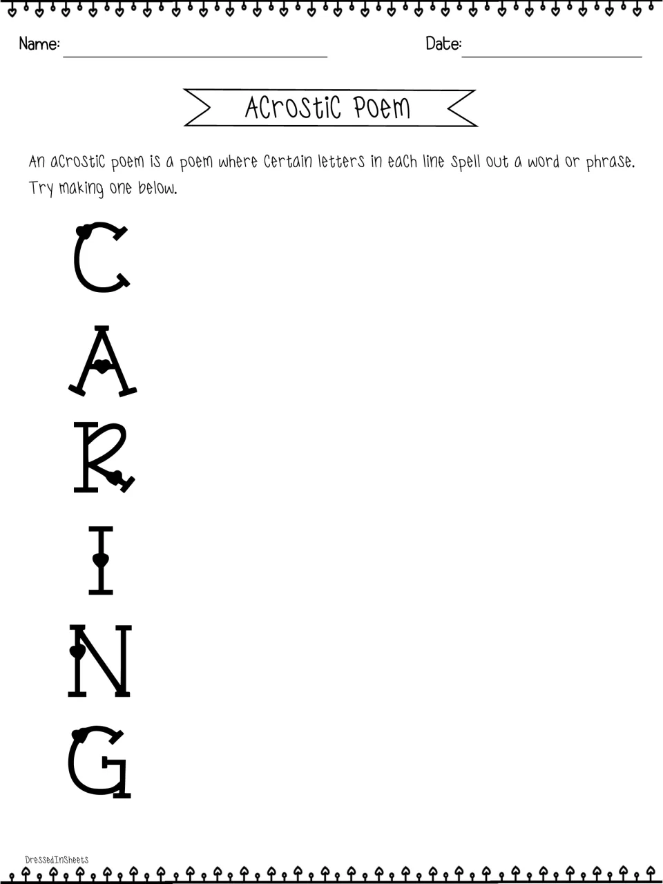 CARING acrostic poem: students write a line beginning with each of the six letters, practising the acrostic poem form