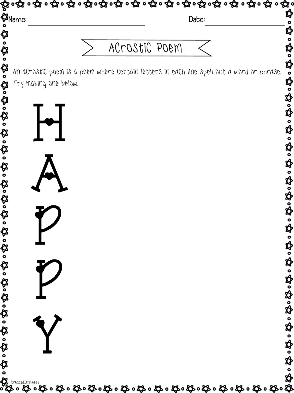 Acrostic poem on HAPPY: students start each of five lines with H, A, P, P and Y, following the printed definition
