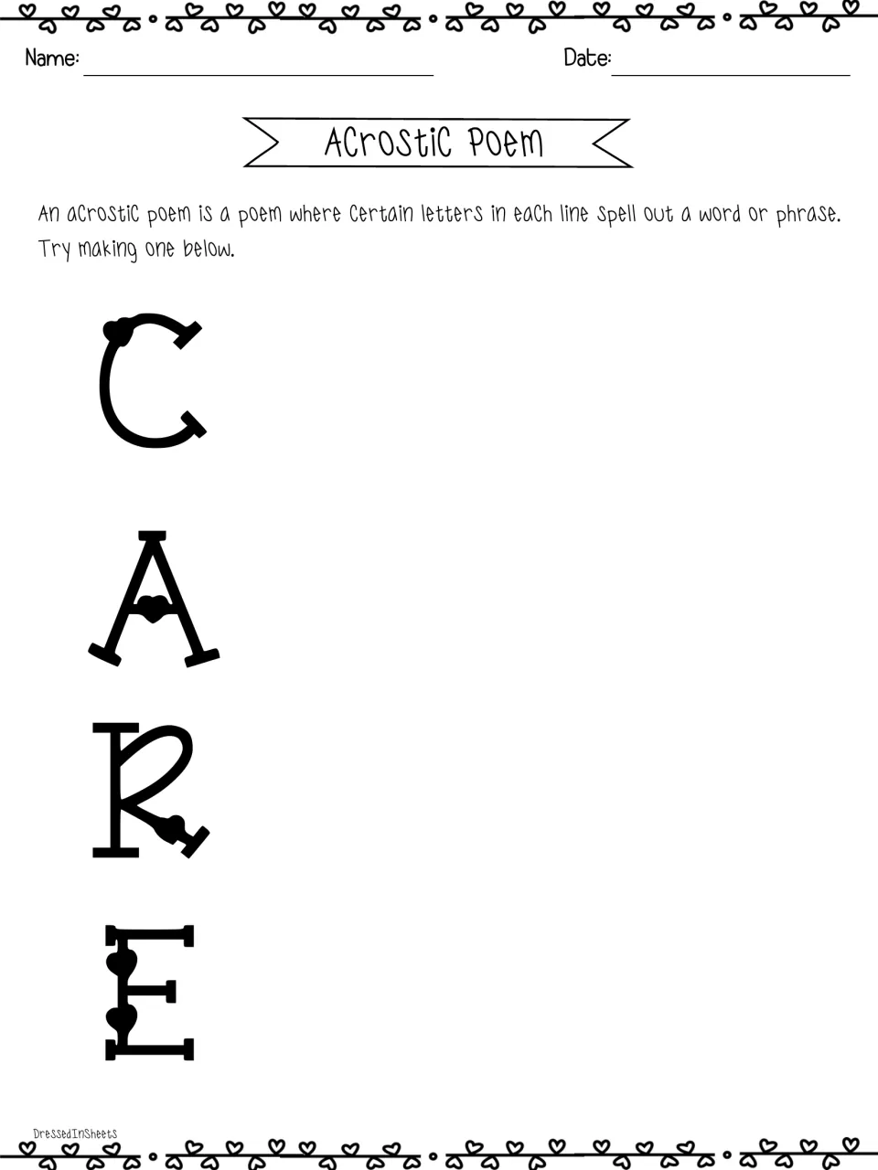 CARE acrostic poem: students write four lines of verse, one per letter, applying the definition given at the top