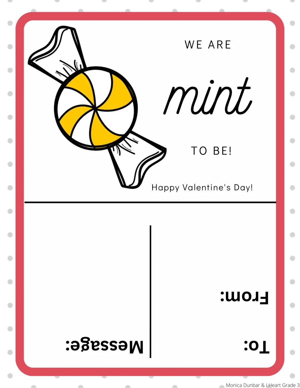 Mint Valentine card reads “We are mint to be!” beside a wrapped candy, with recipient, sender, and message spaces