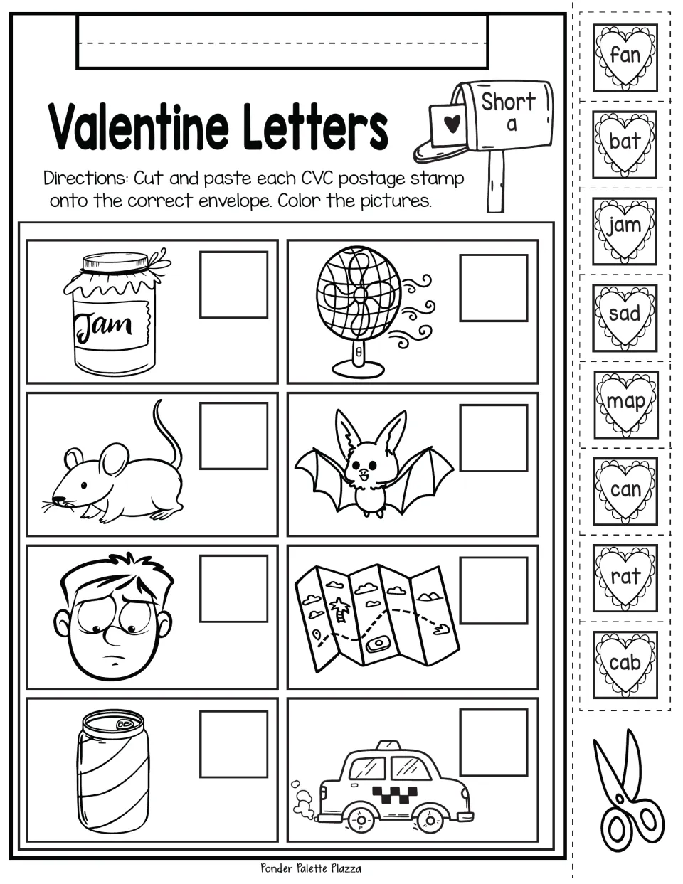 Short a CVC matching activity: cut and paste fan, bat, jam, sad, map, can, rat, and cab stamps onto pictures.