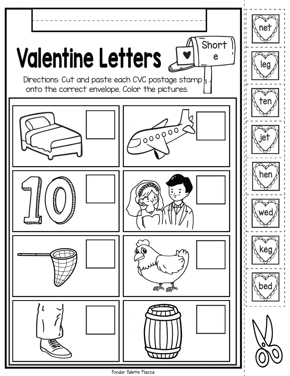 Short e CVC matching activity: cut and paste net, leg, ten, jet, hen, wed, keg, and bed stamps onto pictures.