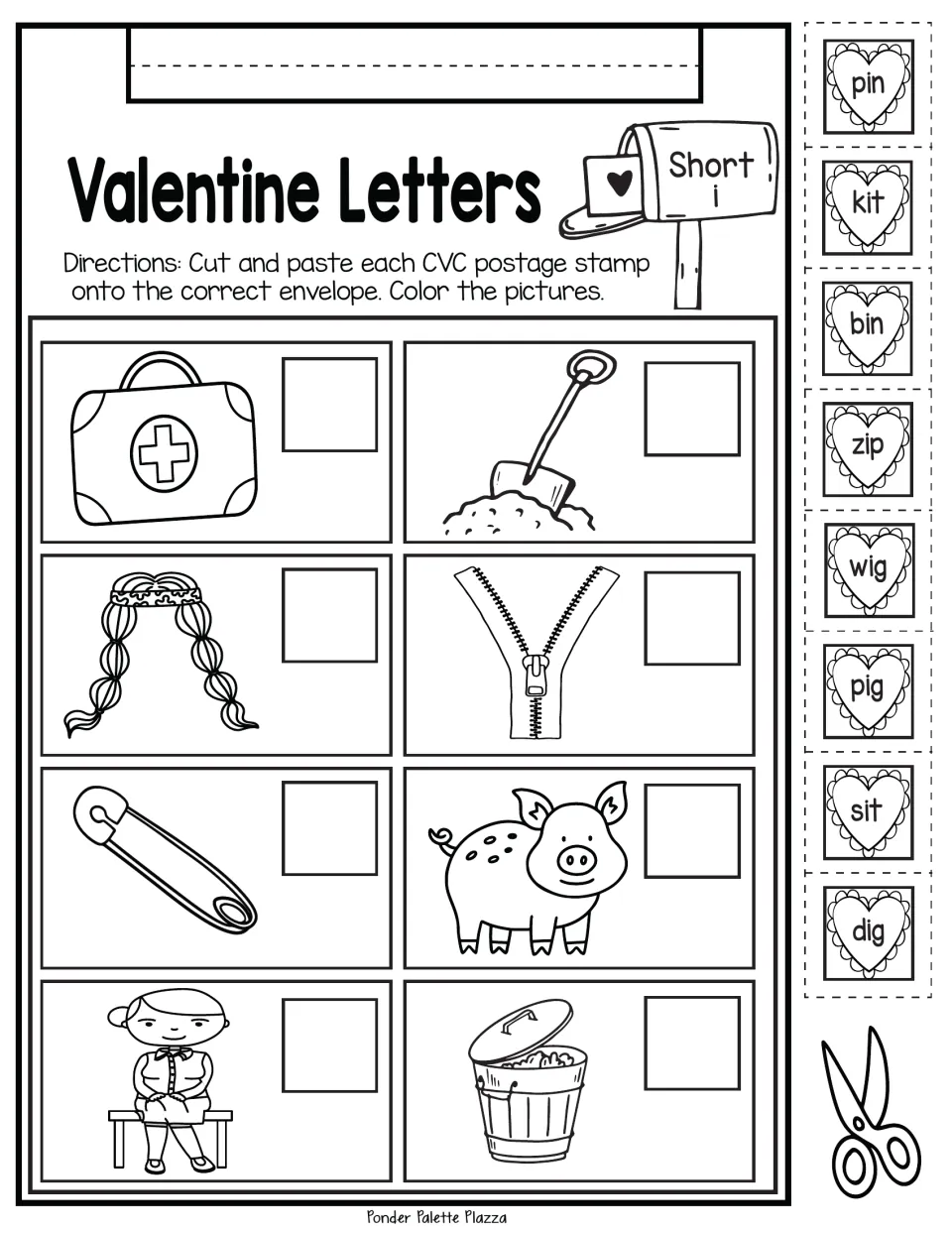 Short i CVC matching activity: cut and paste pin, kit, bin, zip, wig, pig, sit, and dig stamps onto pictures.