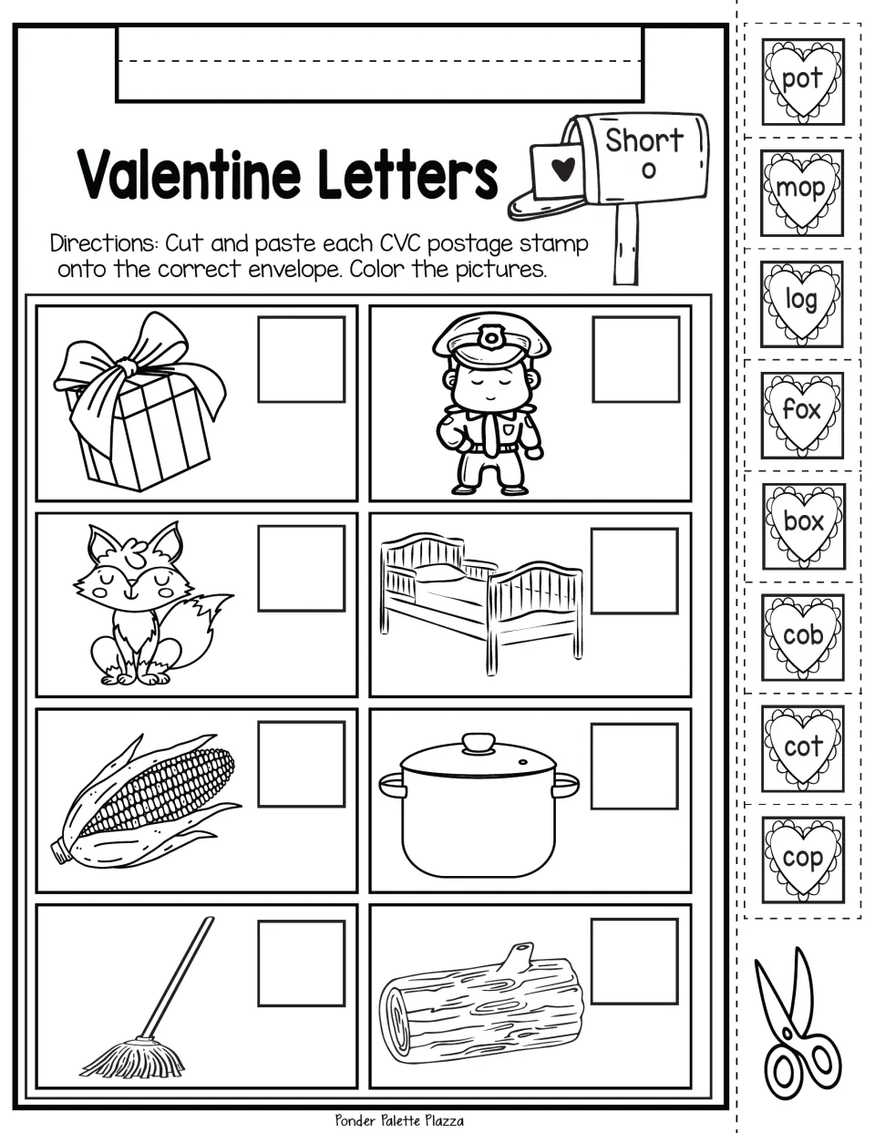 Short o CVC matching activity: cut and paste pot, mop, log, fox, box, cob, cot, and cop stamps onto pictures.