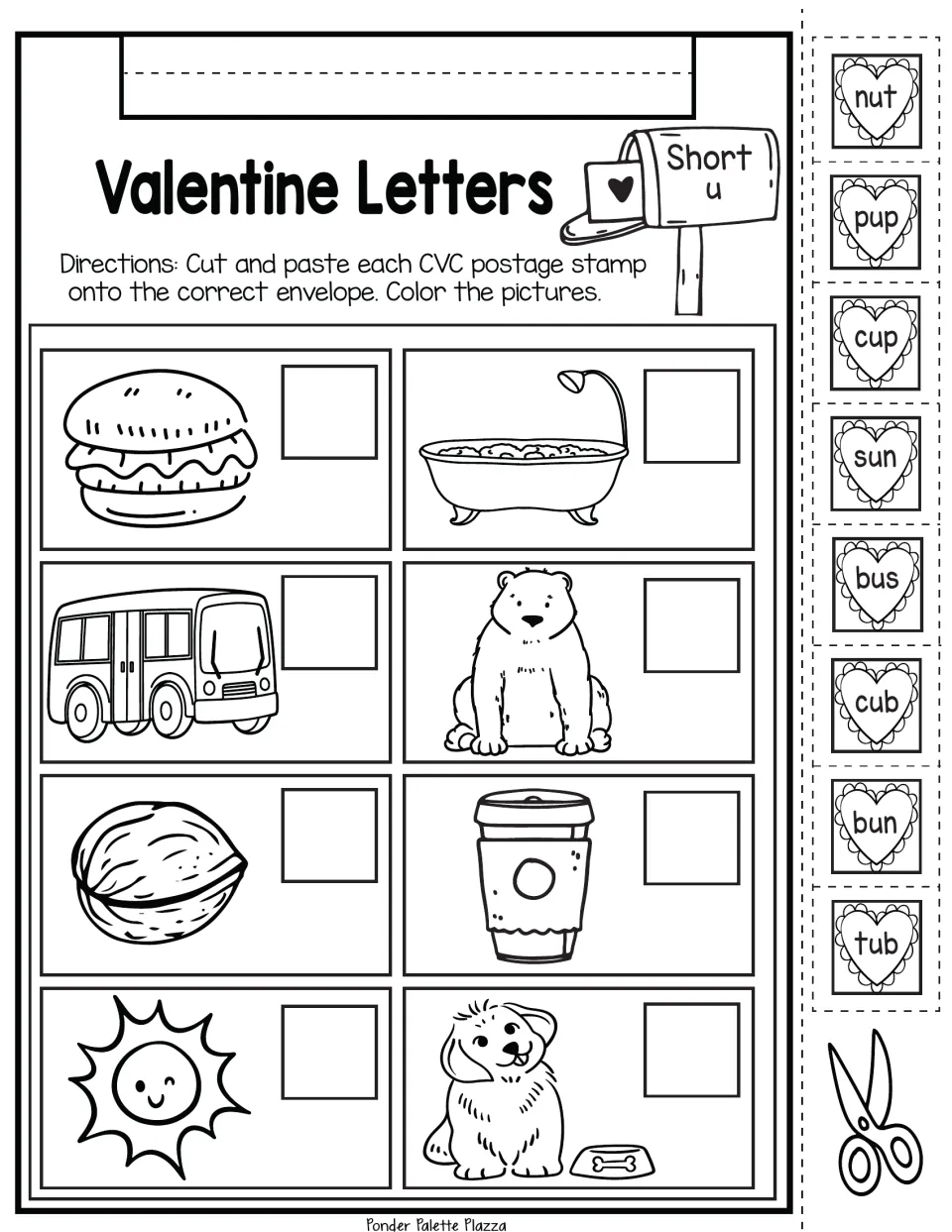 Short u CVC matching activity: cut and paste nut, pup, cup, sun, bus, cub, bun, and tub stamps onto pictures.