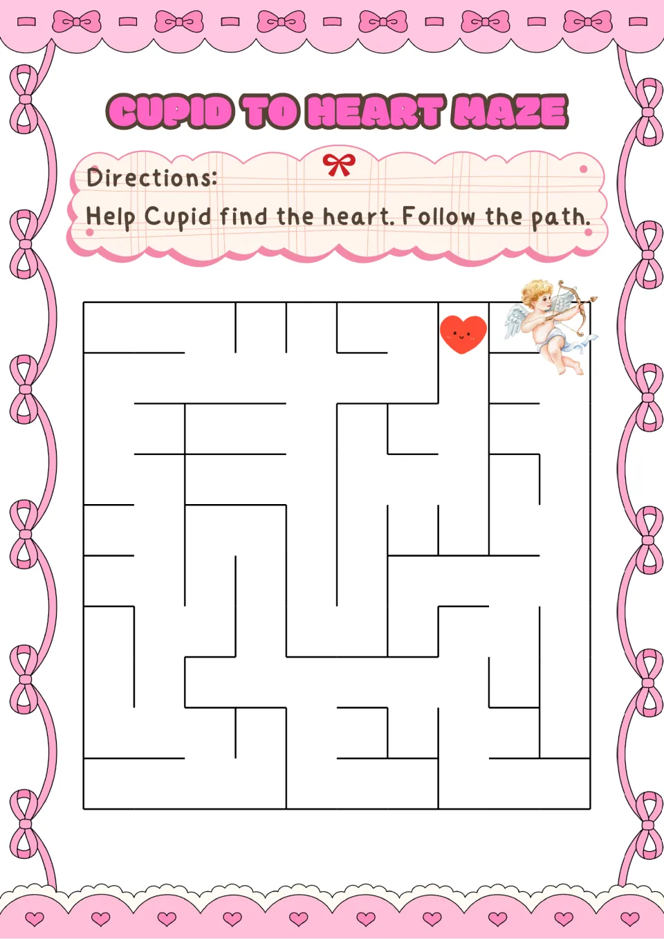Cupid to Heart Maze: students help Cupid in the top corner follow the path to a smiling red heart, tracing a route