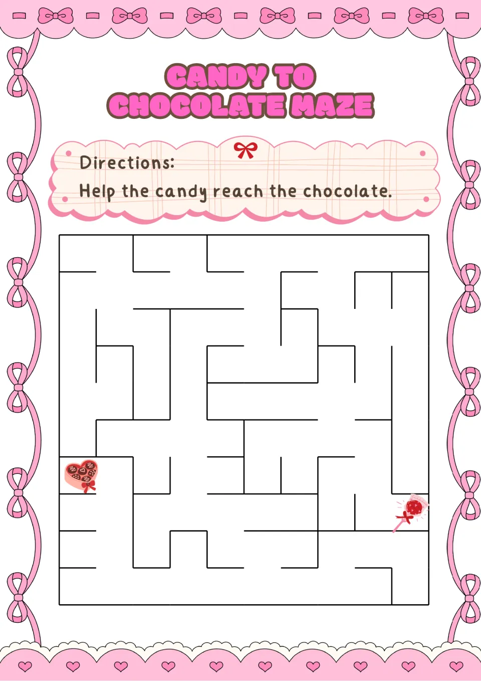 Candy to Chocolate Maze: students trace a path from a red lollipop on the right to a heart-shaped box of chocolates
