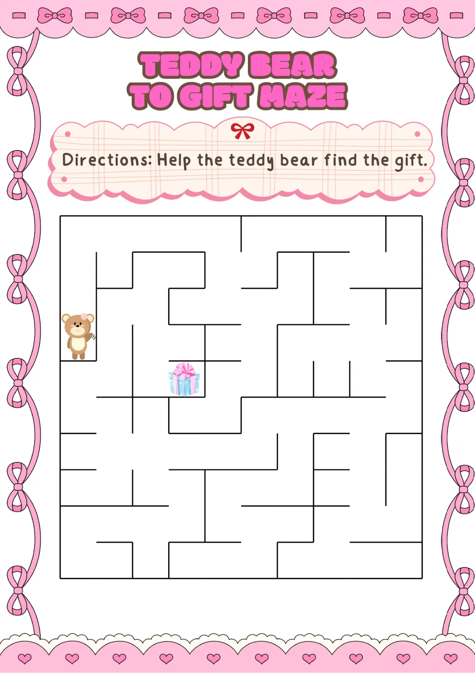 Teddy Bear to Gift Maze: students guide a waving teddy bear on the left edge through the paths to a wrapped blue gift