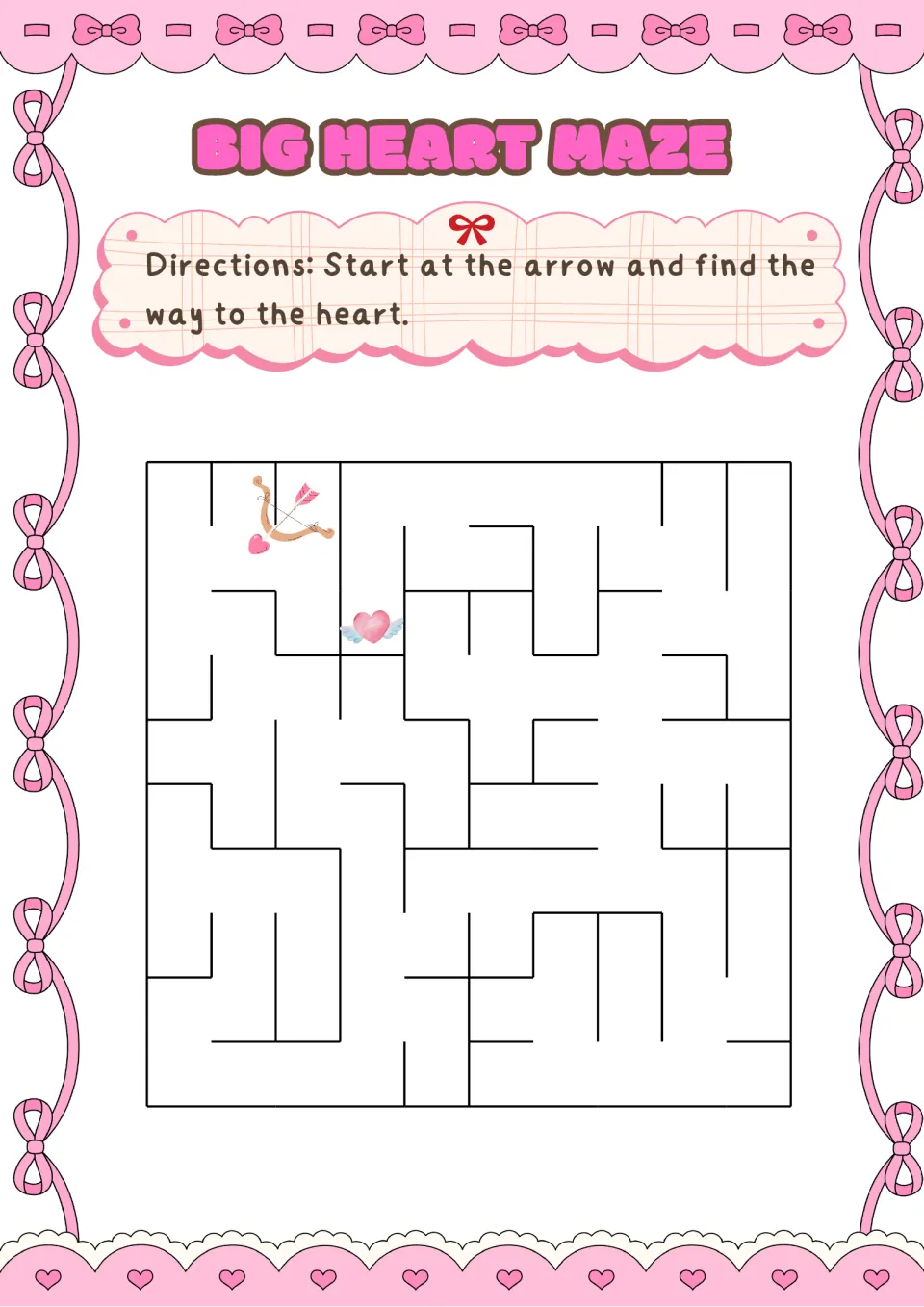 Big Heart Maze: students start at the bow and arrow in the top corner and find the way to a winged pink heart nearby