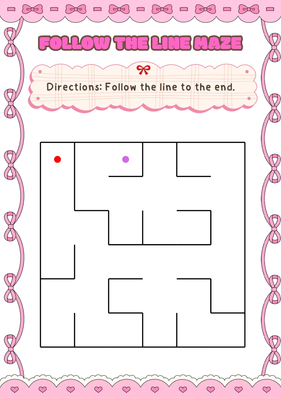 Follow the Line Maze: a simple wide-path maze where students trace from a red dot to a purple dot at the top