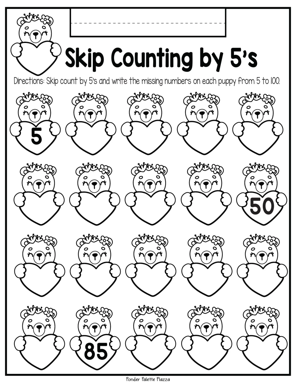 Skip counting by 5s to 100: students write the missing numbers on 20 hearts held by bears; 5, 50 and 85 are given