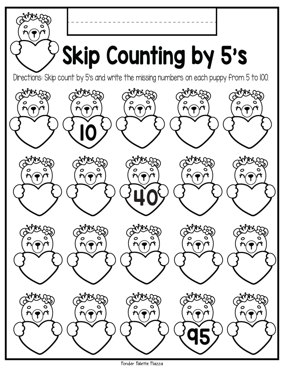 Skip counting by 5s from 5 to 100: students fill in the blank bear hearts, using the given 10, 40 and 95 as anchors