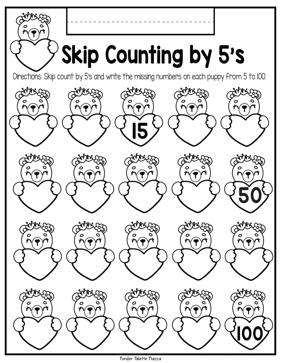 Counting by fives to 100: students complete the number sequence on bear hearts, with 15, 50 and 100 already provided
