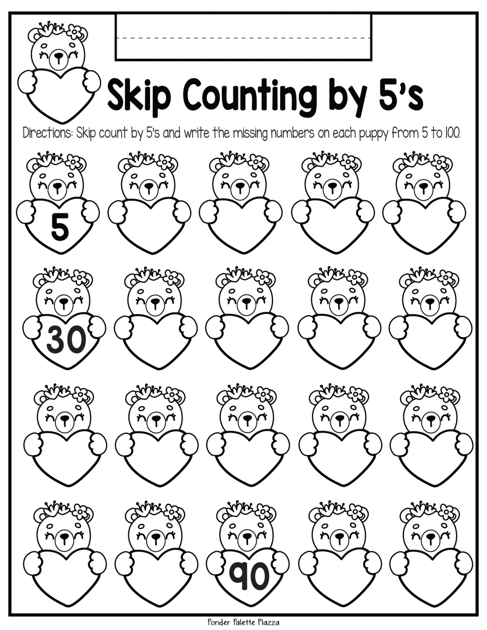 Skip count by 5s practice: students write each missing multiple of 5 up to 100 on bear hearts; 5, 30 and 90 are shown