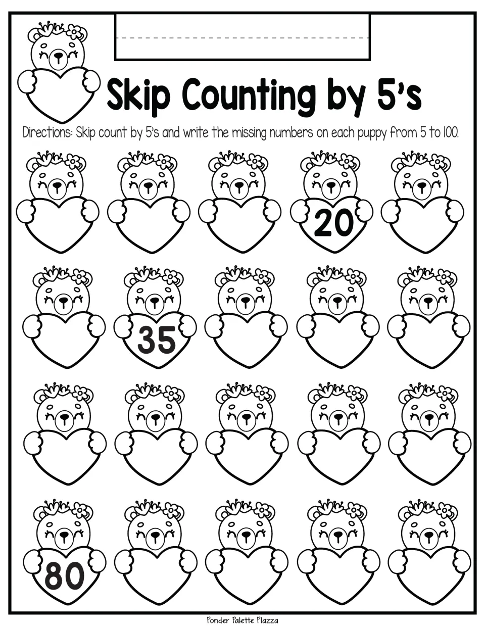 Fives counting sequence to 100: students fill the empty hearts held by 20 bears, starting from clues 20, 35 and 80