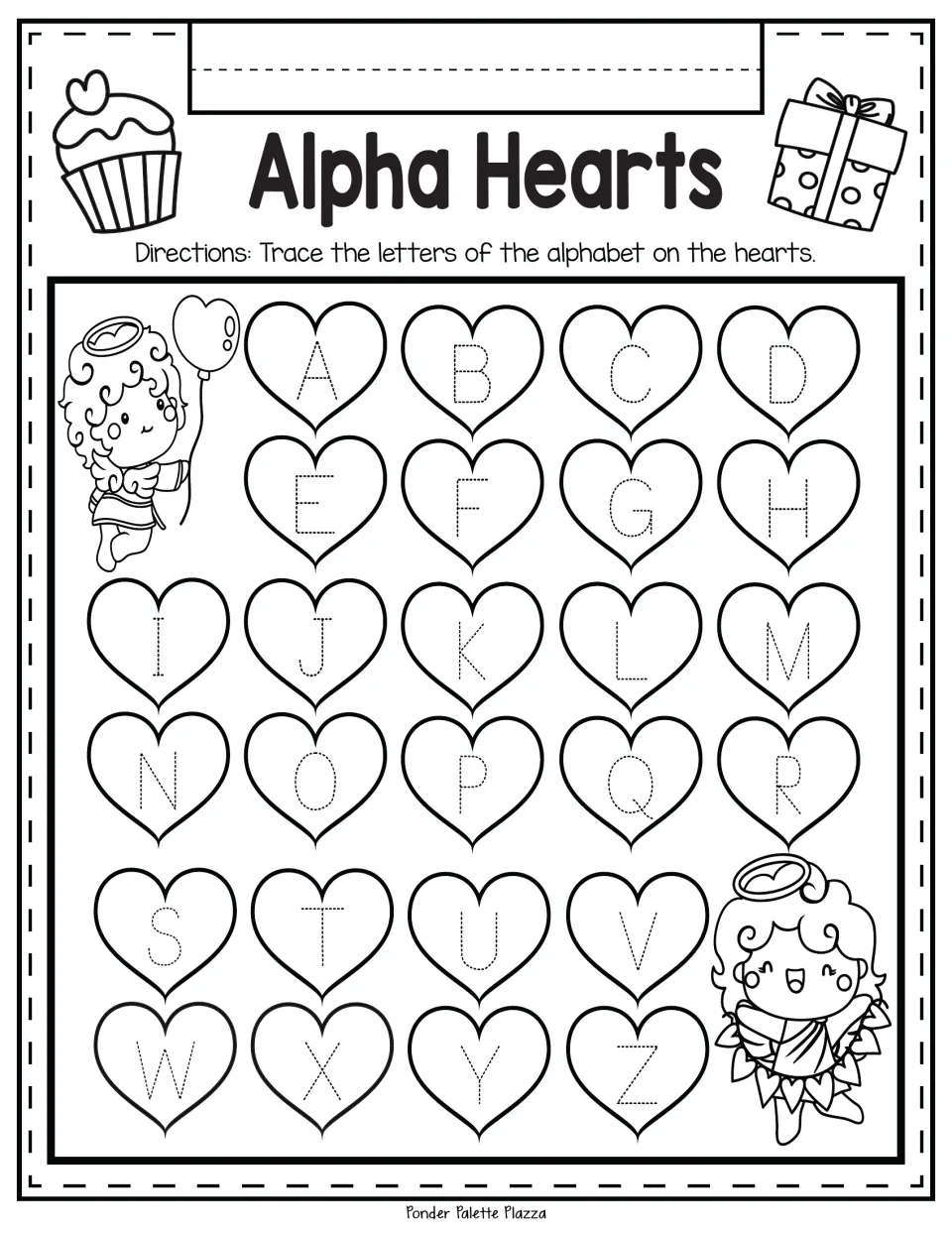 Alpha Hearts uppercase tracing: students trace dotted capital letters A to Z inside 26 hearts, with cupid drawings