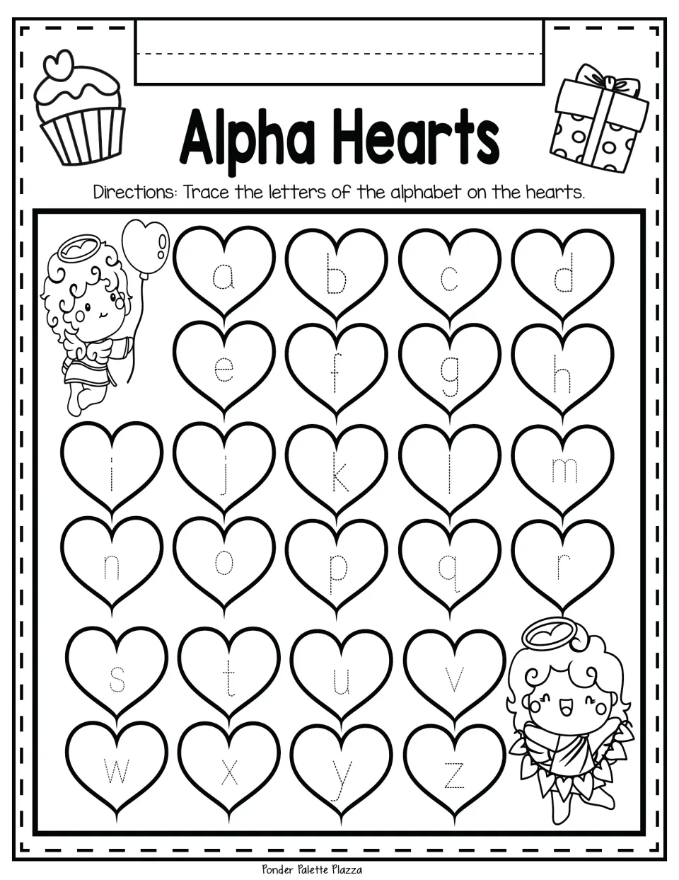 Alpha Hearts lowercase tracing: students trace dotted small letters a to z inside 26 hearts to practise letter formation