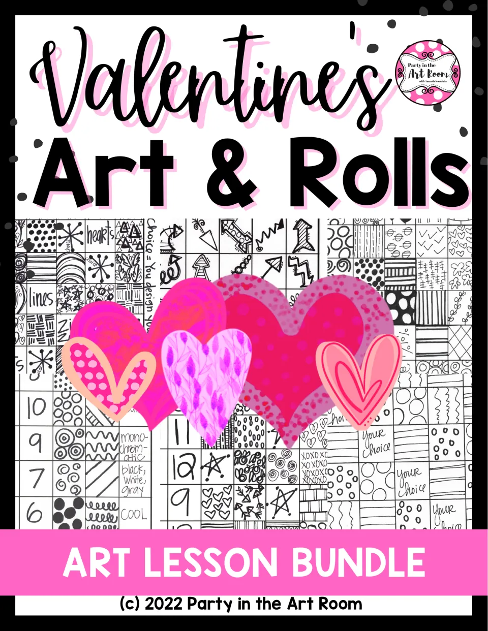 Cover of Valentine's Art & Rolls, an art lesson bundle featuring dice-based heart and arrow drawing activities