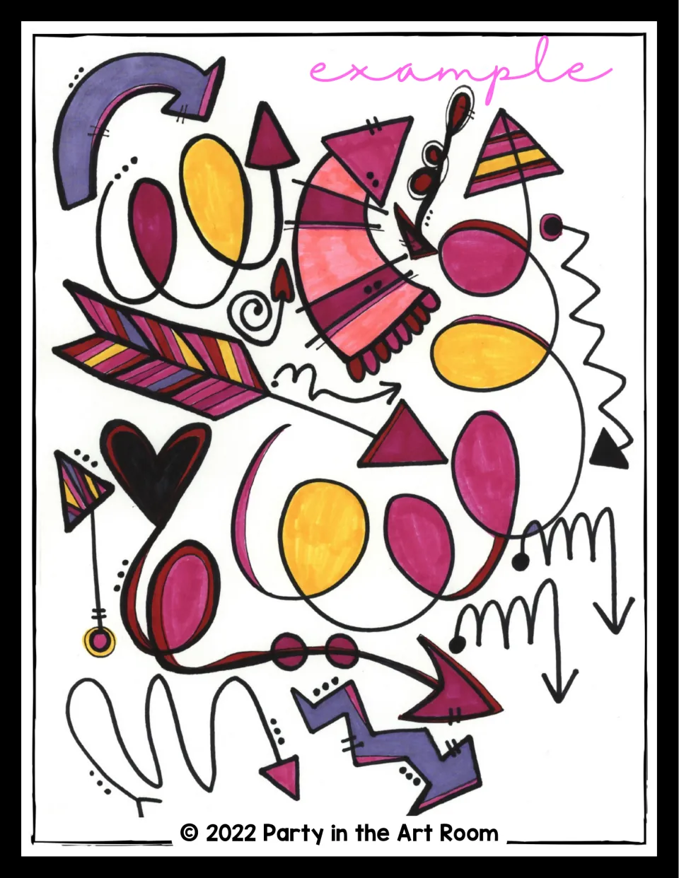 Cupid's Arrows artwork example combines curved, looping, and zigzag arrows colored pink, purple, and yellow