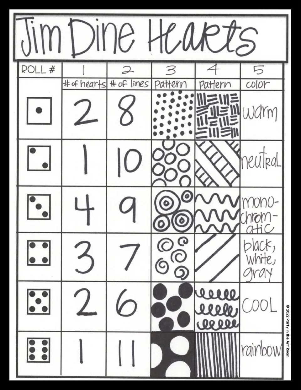 Jim Dine Hearts dice activity chart selects the number of hearts and lines, two patterns, and a color scheme