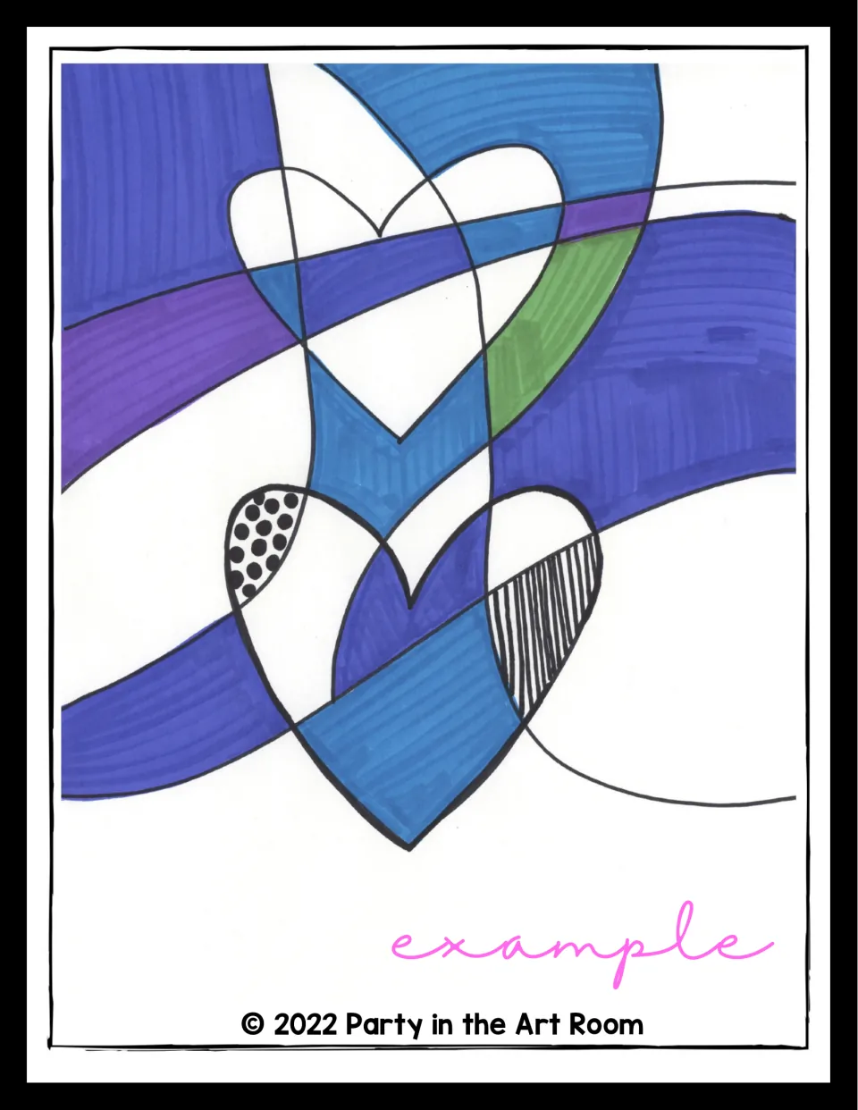 Jim Dine Hearts artwork example shows two hearts crossed by curves, with cool colors, dots, and stripes