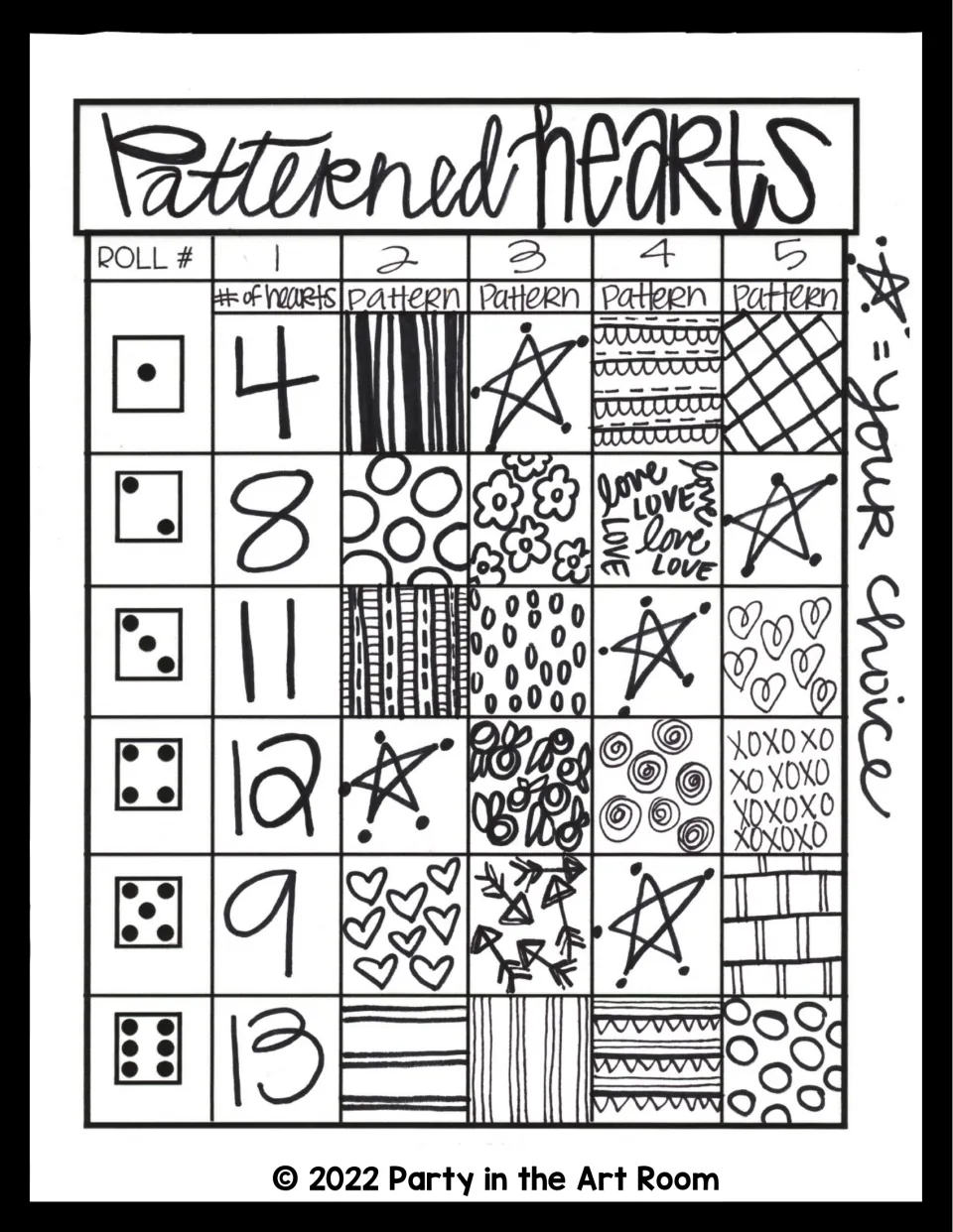 Patterned Hearts dice activity chart selects a heart count and four patterns, with stars marking your choice