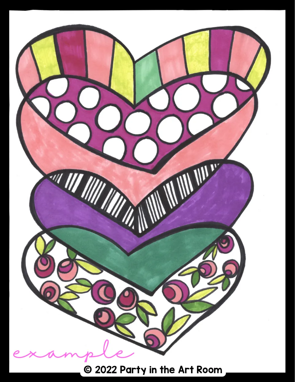 Patterned Hearts artwork example shows overlapping hearts filled with stripes, circles, flowers, and color