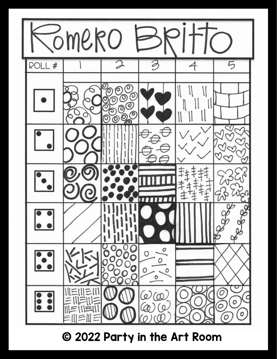 Romero Britto dice activity chart provides 30 pattern choices, including spirals, hearts, dots, and stripes