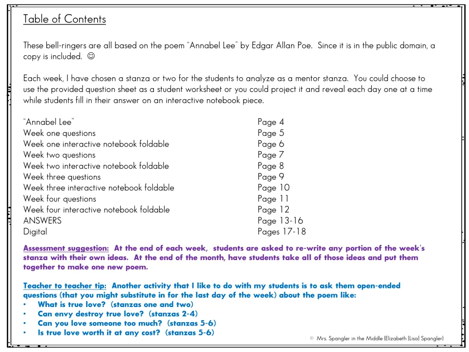 Table of contents and teacher notes: weekly Annabel Lee stanza questions, foldables, answers, plus an assessment tip