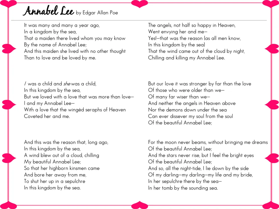 Annabel Lee by Edgar Allan Poe: full six-stanza poem text that students read and analyze as mentor stanzas