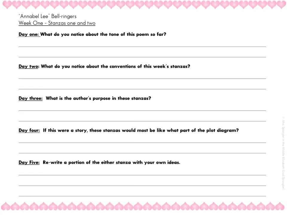 Week one bell-ringers on stanzas one and two: questions on tone, conventions, author's purpose and plot, then a rewrite