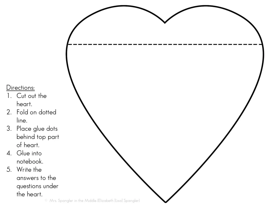 Heart notebook foldable: students cut out, fold and glue the heart, then write week one answers under the flap
