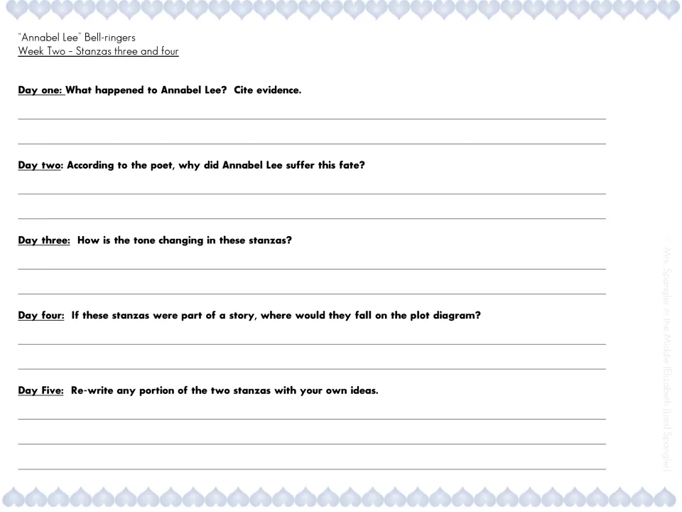 Week two bell-ringers on stanzas three and four: cite evidence of Annabel Lee's fate, track tone and plot, then rewrite