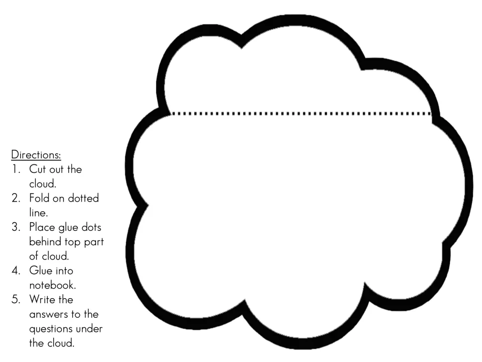 Cloud notebook foldable: students cut out, fold and glue the cloud flap, then write week two answers underneath