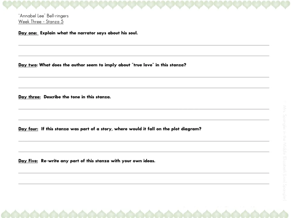 Week three bell-ringers on stanza 5: questions on the narrator's soul, true love, tone and plot, then a stanza rewrite