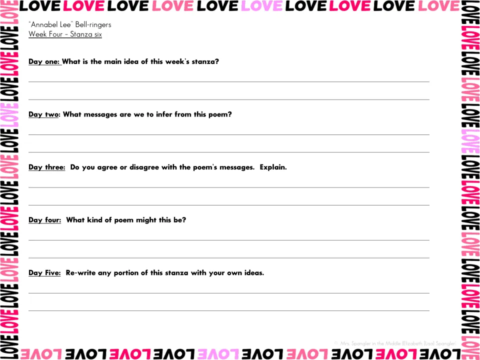 Week four bell-ringers on stanza six: main idea, inferred messages, agree or disagree, poem type, and a rewrite