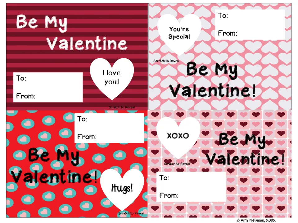Four Valentine cards with To and From labels and heart messages: I love you!, You're Special, XOXO, and Hugs!
