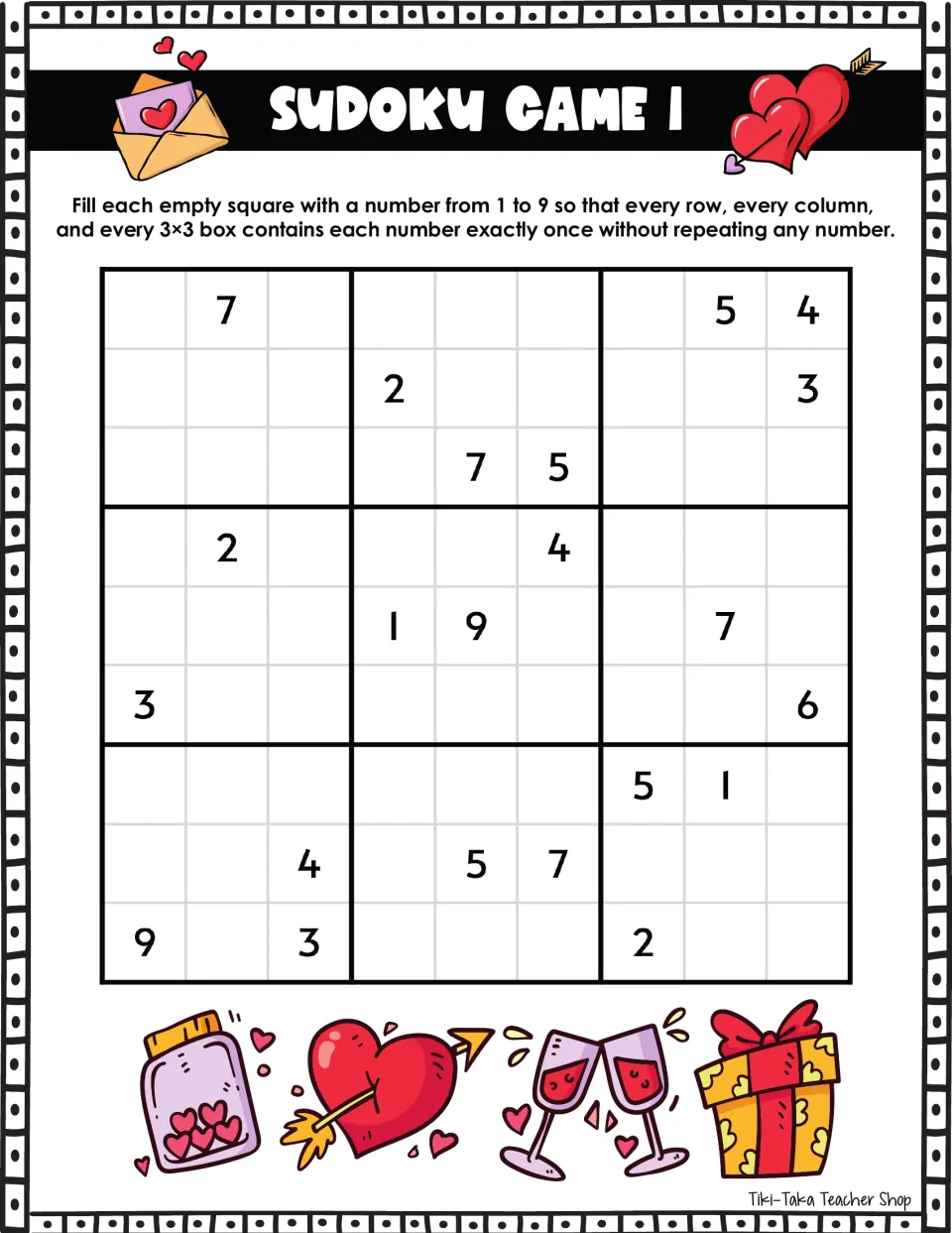 Sudoku Game 1: fill in numbers 1–9 without repeats; the first row includes the given numbers 7, 5, and 4.