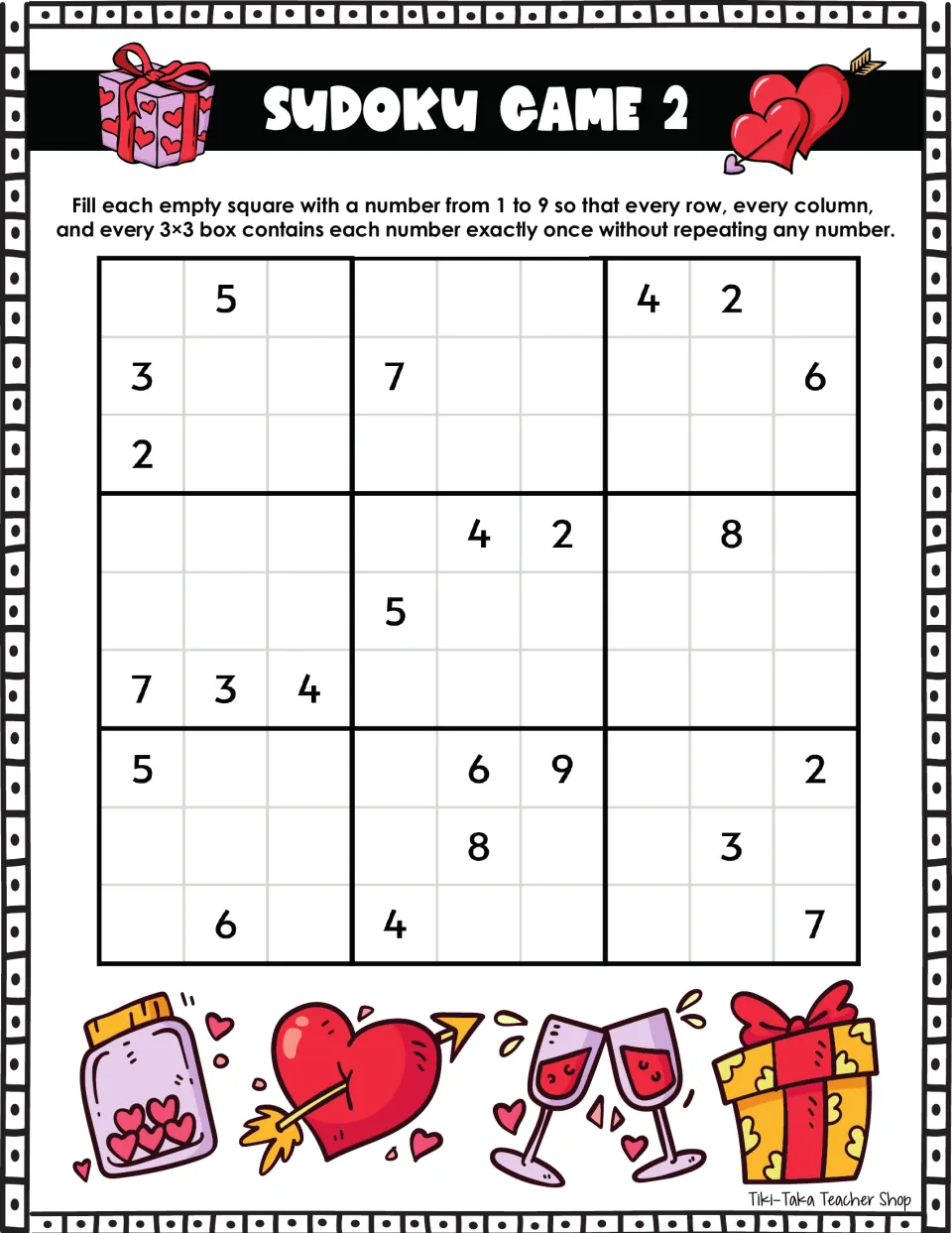 Sudoku Game 2: fill in numbers 1–9 without repeats; the first row includes the given numbers 5, 4, and 2.